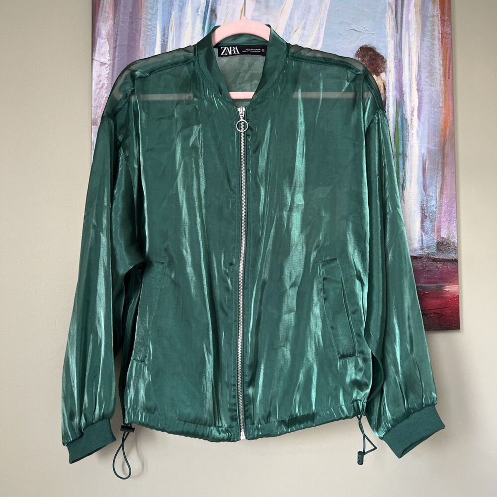 ZARA Semi-Sheer Emerald Green Bomber Jacket Women's Sz S NWOT